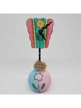 Ceramic Whimsical Clock Ball Base Wavy Hands Signed Colorful VTG 12.5" Tall